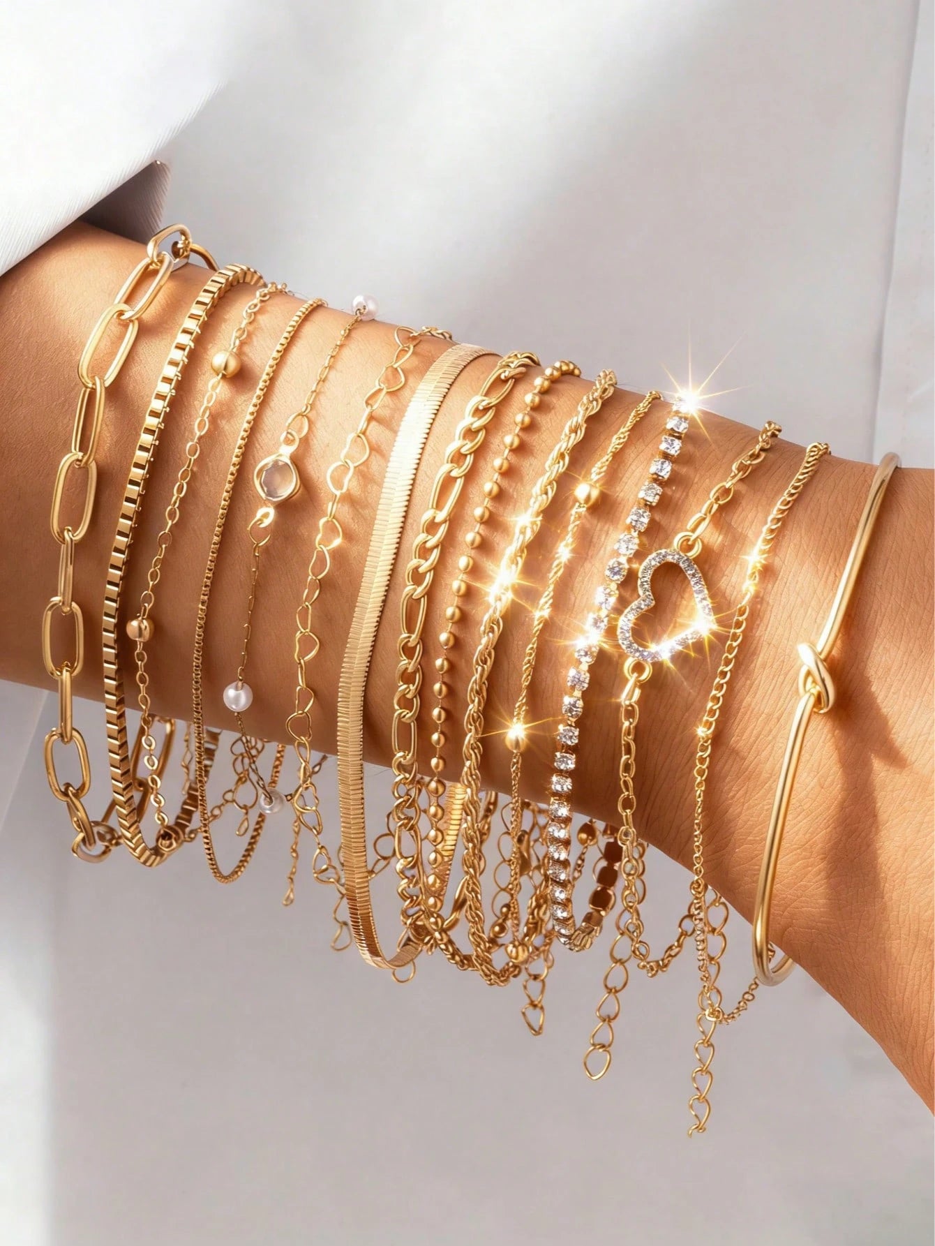 16/12pcs Set Minimalist Heart Faux Pearl Rhinestone Snake Chain Bracelet Set For Women, Suitable For Date, Vacation, Gift, Daily Matching, Party Outfit
