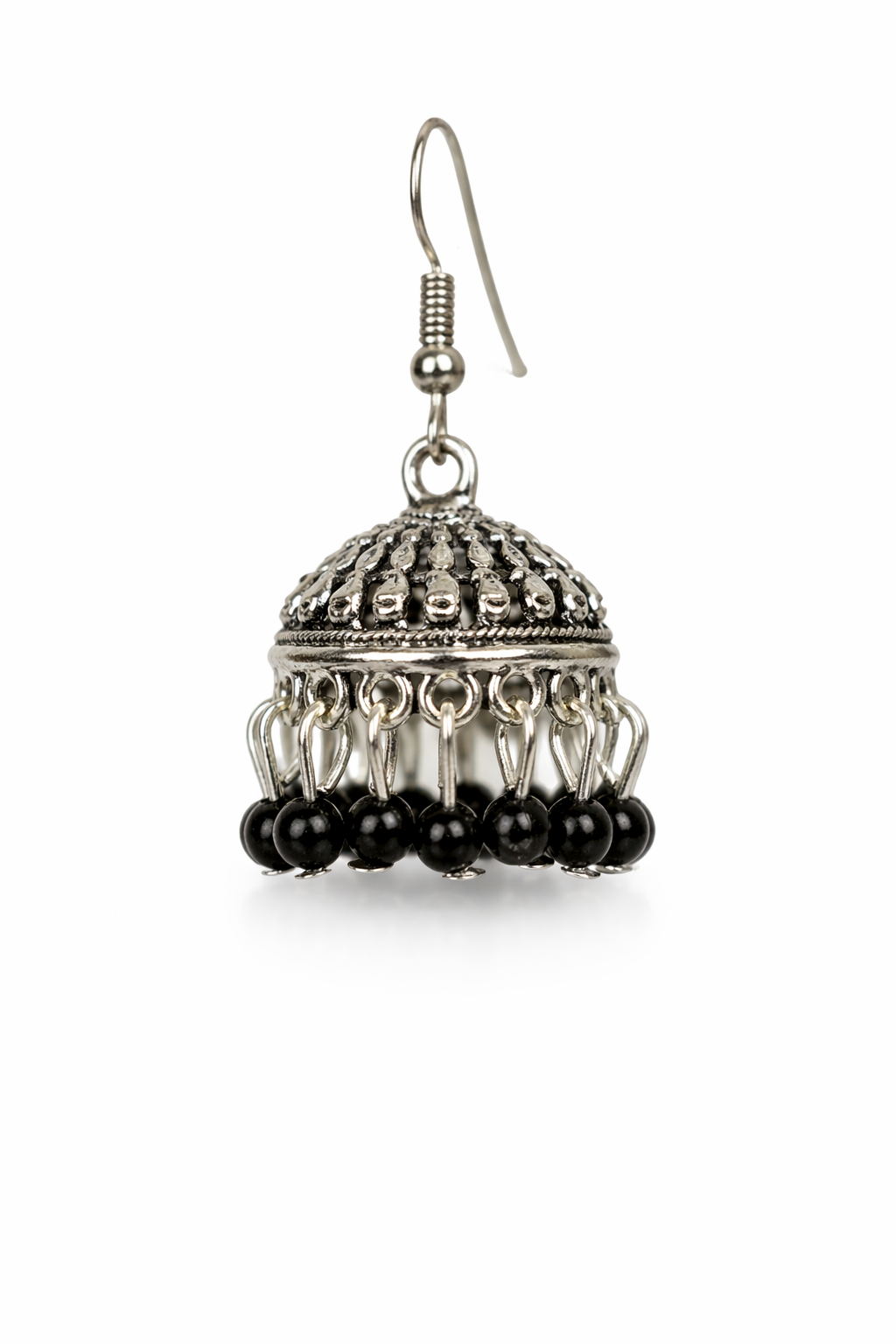 Chahat Black Bead Silver Jhumka Earrings