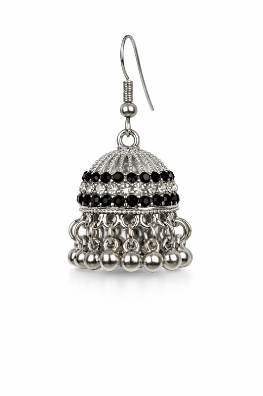 Muhabat Black & Crystal Silver Jhumka Earrings