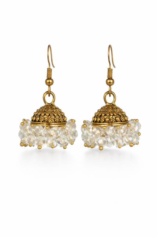 Safaid Malika Crystal Beaded Gold Jhumka Earrings