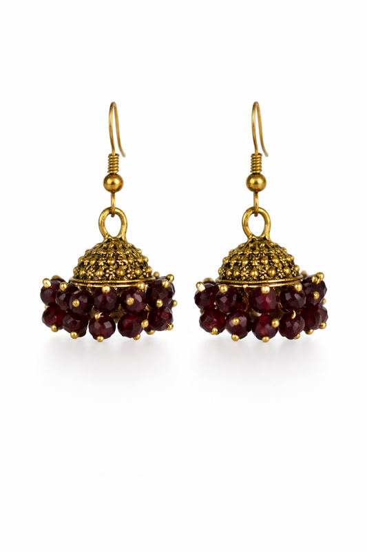 Zar-e-Mehroon Ruby Beaded Gold Jhumka Earrings