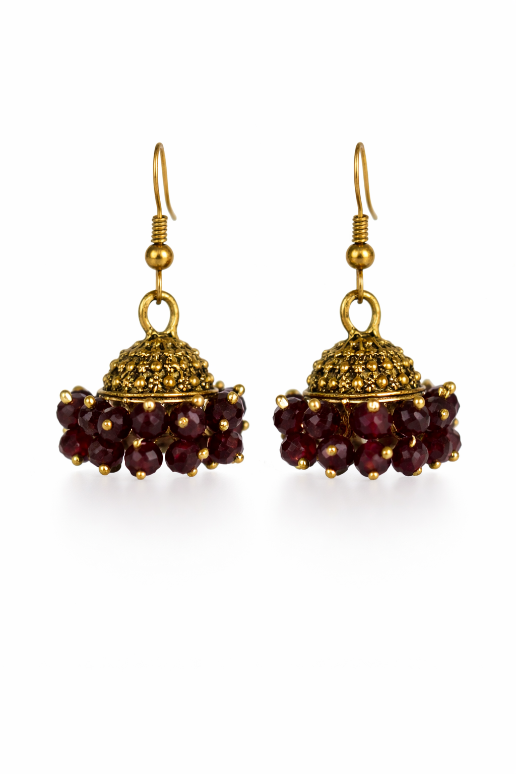 Zar-e-Mehroon Ruby Beaded Gold Jhumka Earrings