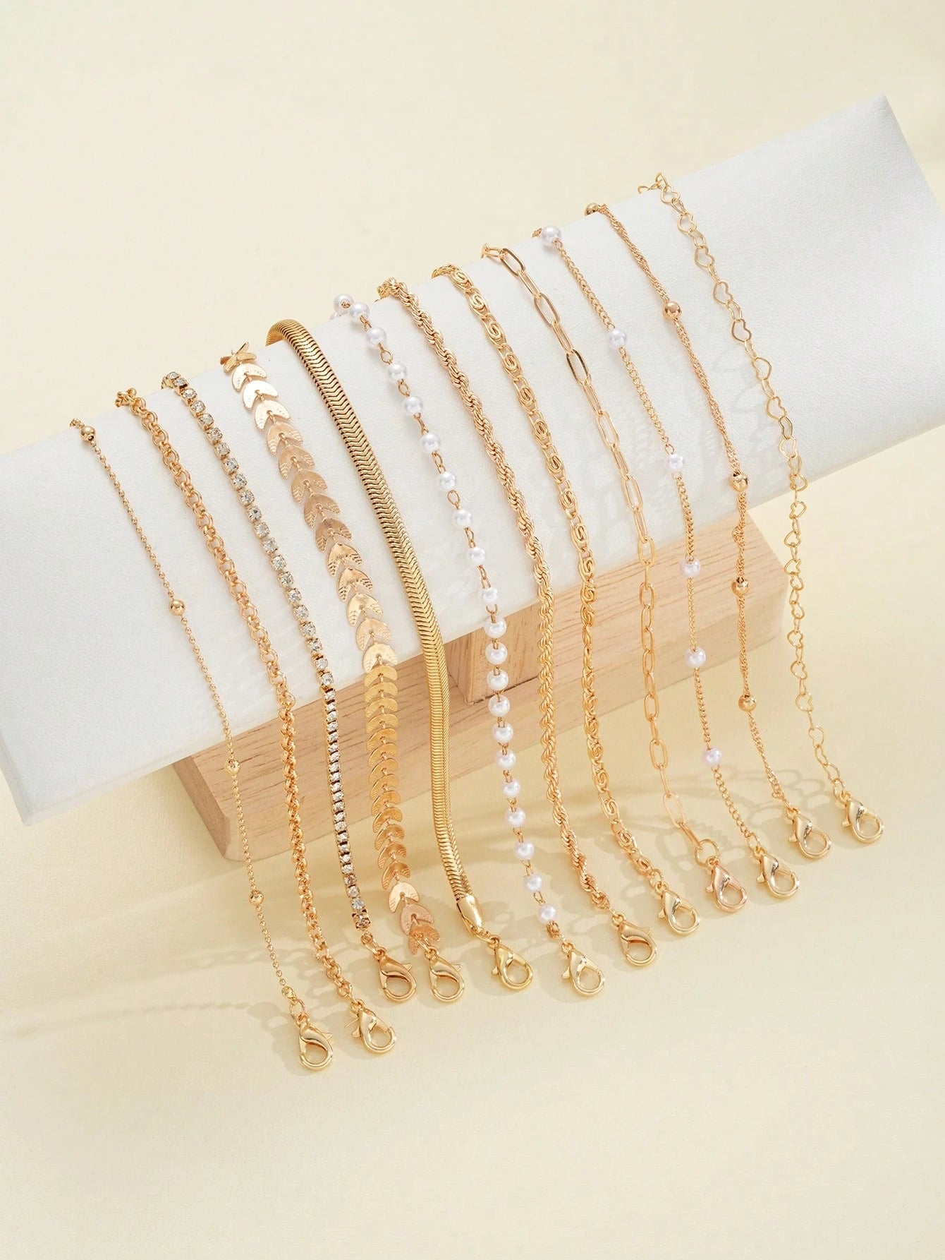 16/12pcs Set Minimalist Heart Faux Pearl Rhinestone Snake Chain Bracelet Set For Women, Suitable For Date, Vacation, Gift, Daily Matching, Party Outfit