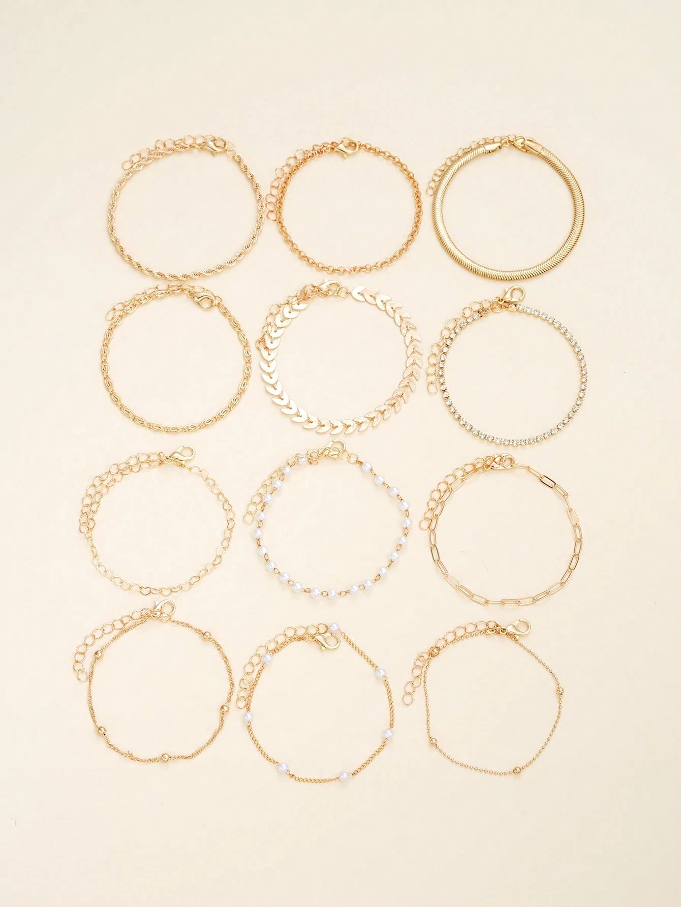 16/12pcs Set Minimalist Heart Faux Pearl Rhinestone Snake Chain Bracelet Set For Women, Suitable For Date, Vacation, Gift, Daily Matching, Party Outfit