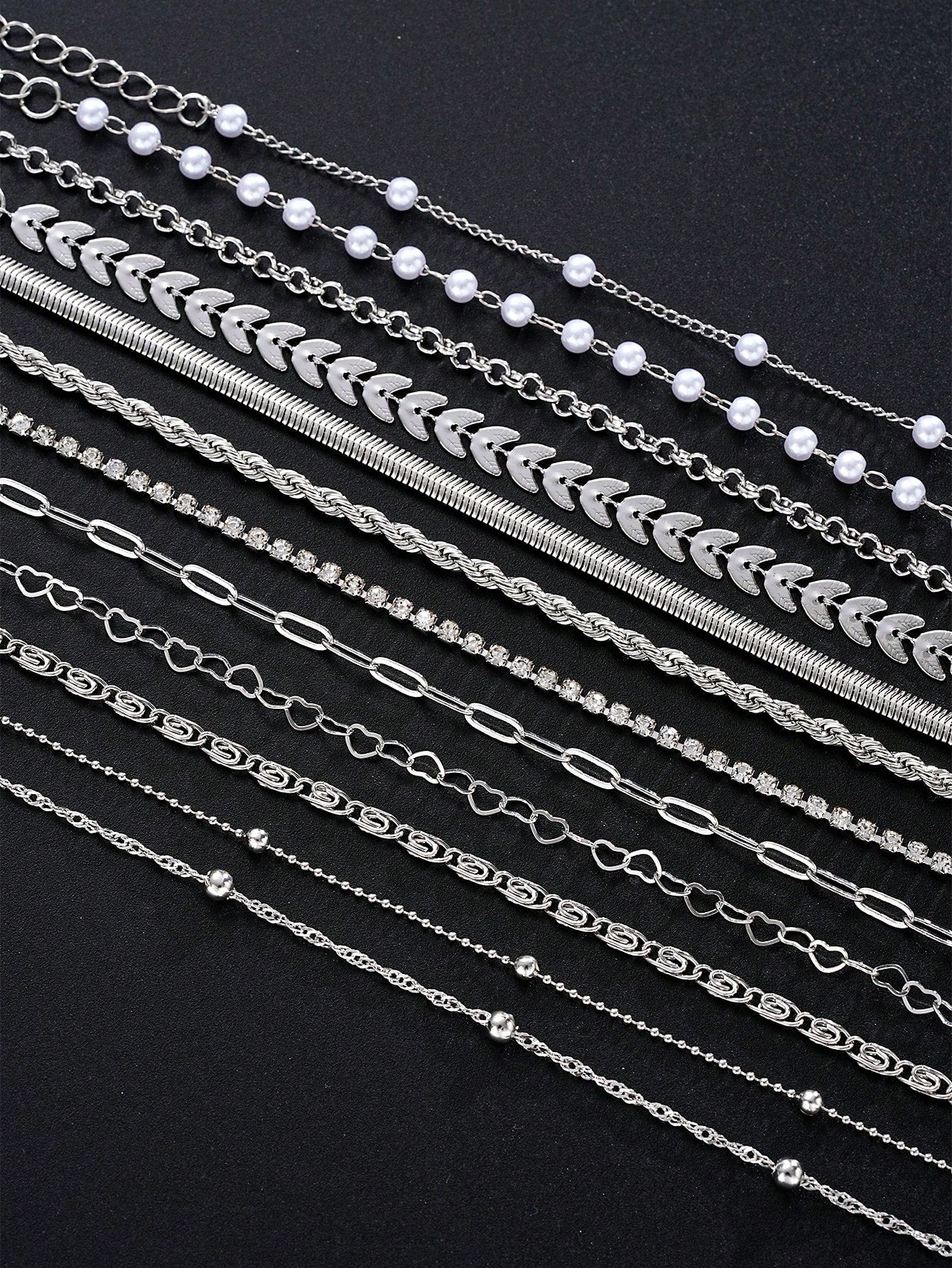 16/12pcs Set Minimalist Heart Faux Pearl Rhinestone Snake Chain Bracelet Set For Women, Suitable For Date, Vacation, Gift, Daily Matching, Party Outfit