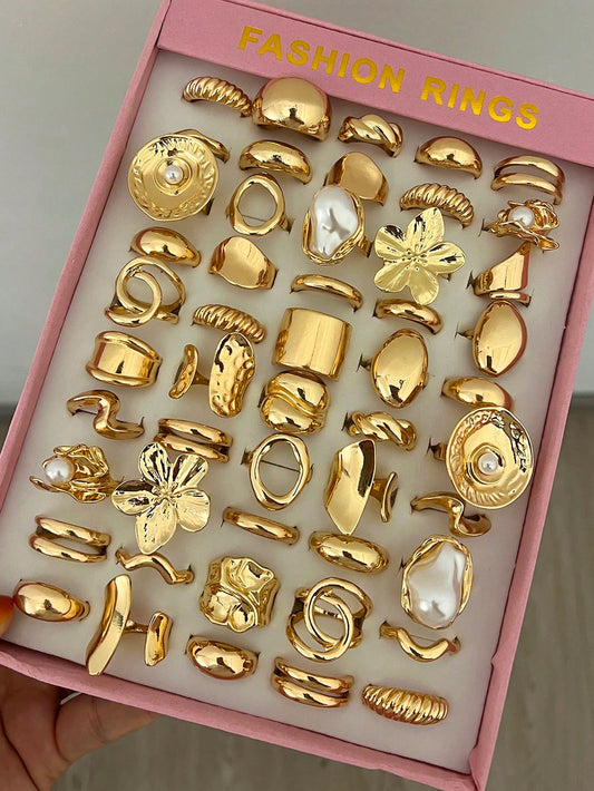 50/30/10/3pcs Women's Fashion Ring Set, Asymmetrical Smooth Geometric Liquid Ring, Exaggerated Vintage Style Stackable Wide Band Rings, Fashionable & Elegant Versatile Ring Set (Random Styles)