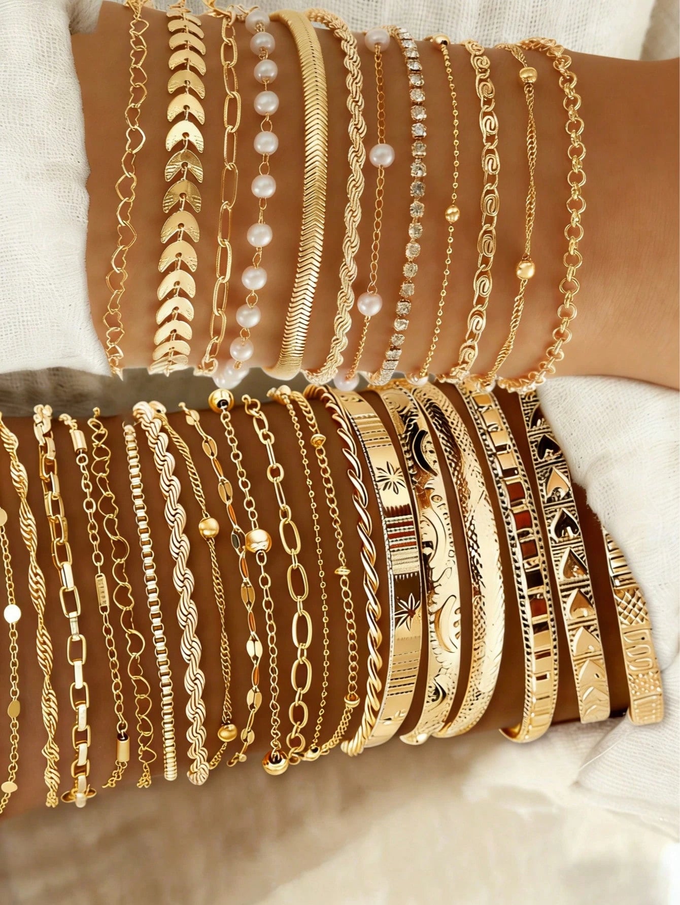 16/12pcs Set Minimalist Heart Faux Pearl Rhinestone Snake Chain Bracelet Set For Women, Suitable For Date, Vacation, Gift, Daily Matching, Party Outfit