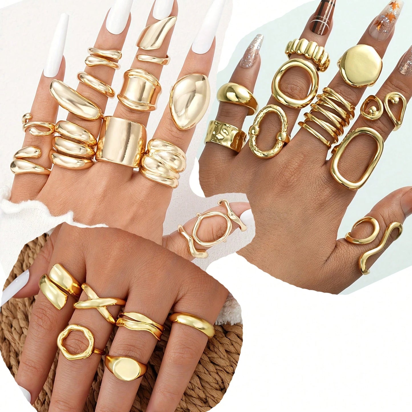 50/30/10/3pcs Women's Fashion Ring Set, Asymmetrical Smooth Geometric Liquid Ring, Exaggerated Vintage Style Stackable Wide Band Rings, Fashionable & Elegant Versatile Ring Set (Random Styles)