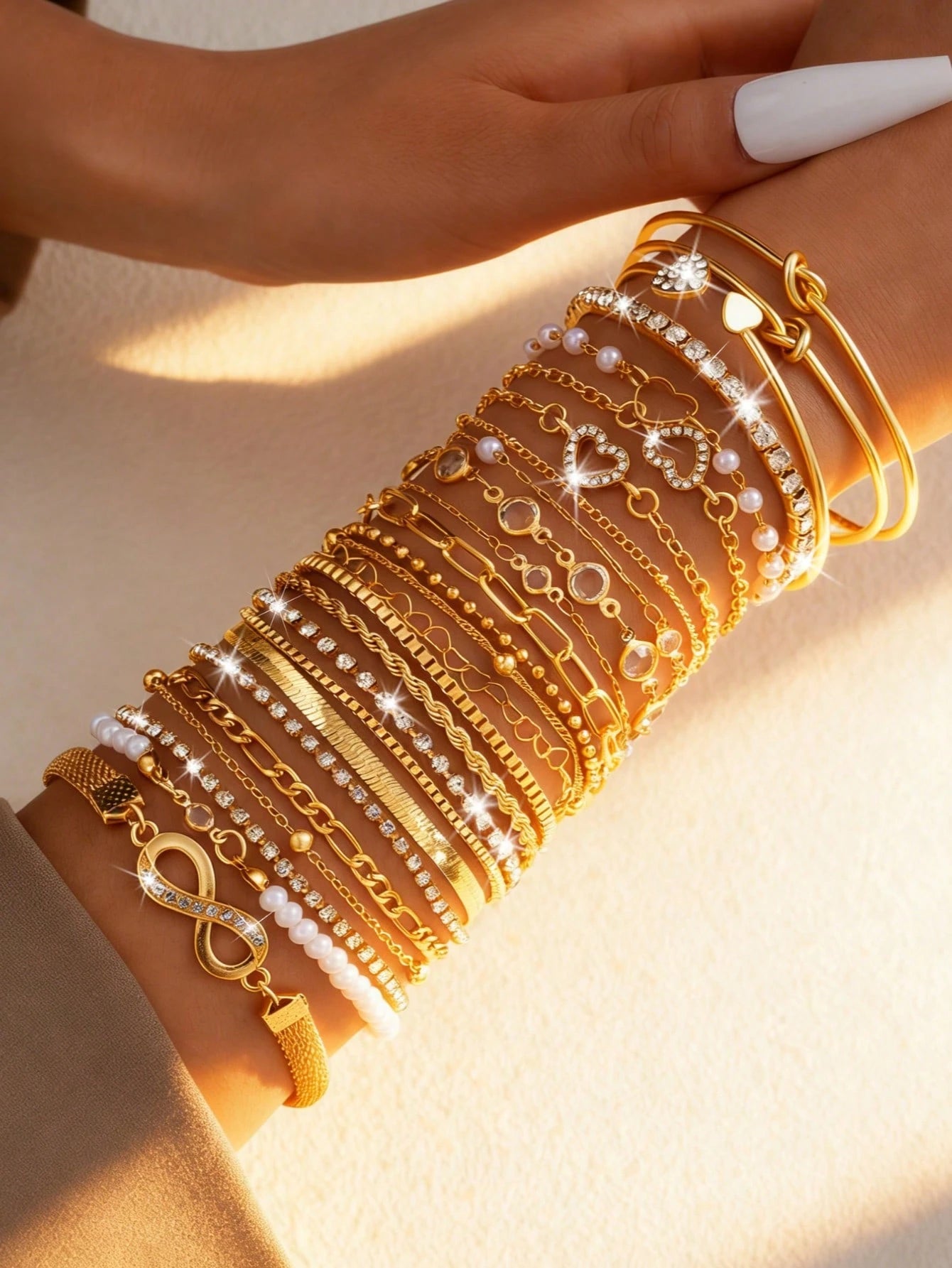 16/12pcs Set Minimalist Heart Faux Pearl Rhinestone Snake Chain Bracelet Set For Women, Suitable For Date, Vacation, Gift, Daily Matching, Party Outfit