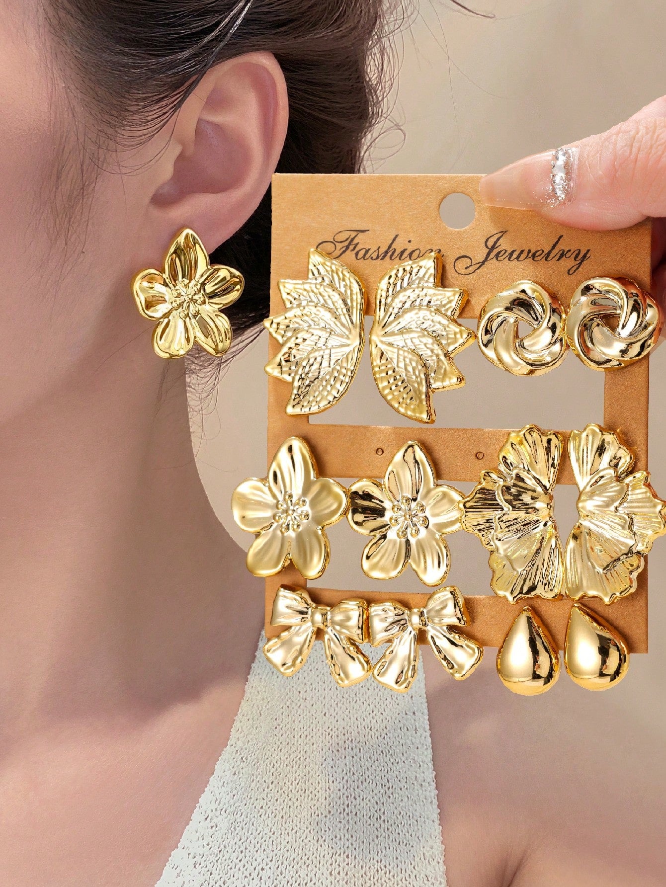 2-12pcs Fashionable Leaf Texture, 5-Petal Flower, Twisted Round Flower, Water Drop, Butterfly Knot, Symmetrical Flower Stud Earrings, Suitable For Daily Life Or Party Wear, Great Gift For Friends And Family
