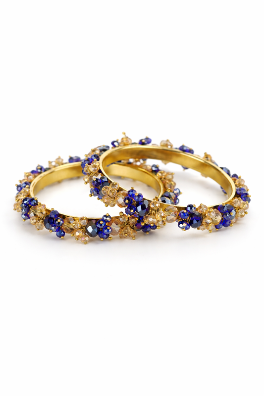 Imported Gold-Plated Blue & Clear Crystal Beaded Bangles
