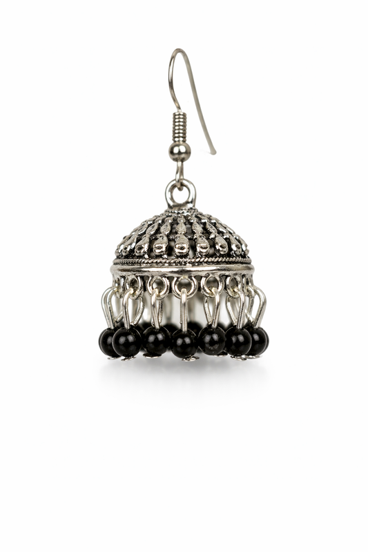 Chahat Black Bead Silver Jhumka Earrings
