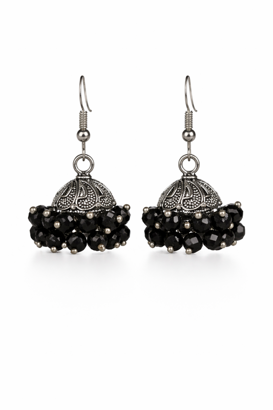 Chandni Black Beaded Silver Jhumka Earrings