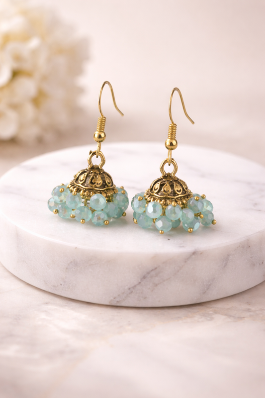 Phool Rani Aqua Beaded Gold Jhumka Earrings