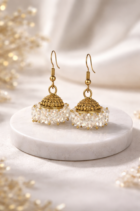 Safaid Malika Crystal Beaded Gold Jhumka Earrings