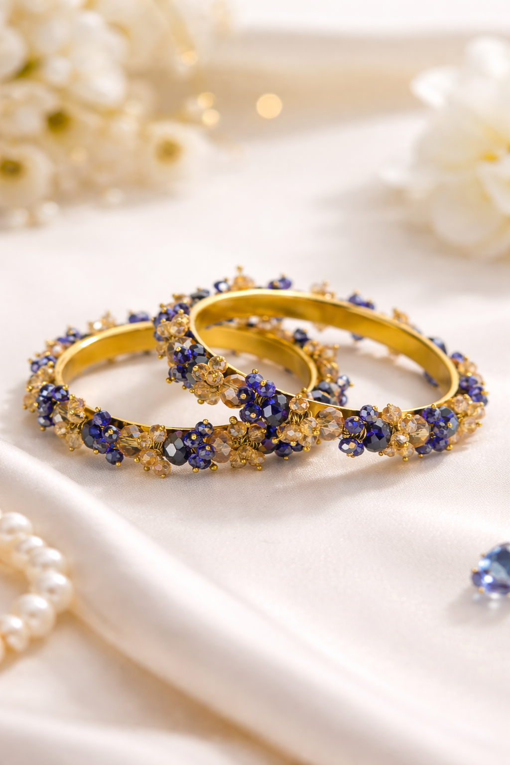 Imported Gold-Plated Blue & Clear Crystal Beaded Bangles