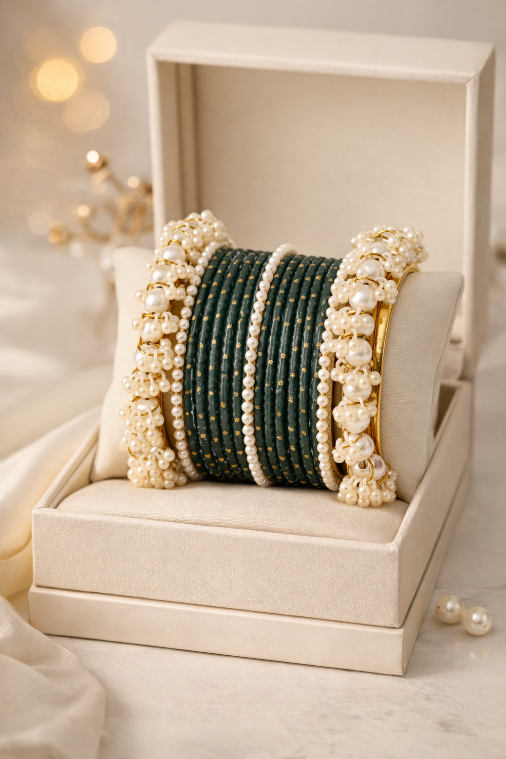 Best Selling Emerald Green Pearl Dotted Bangle Set