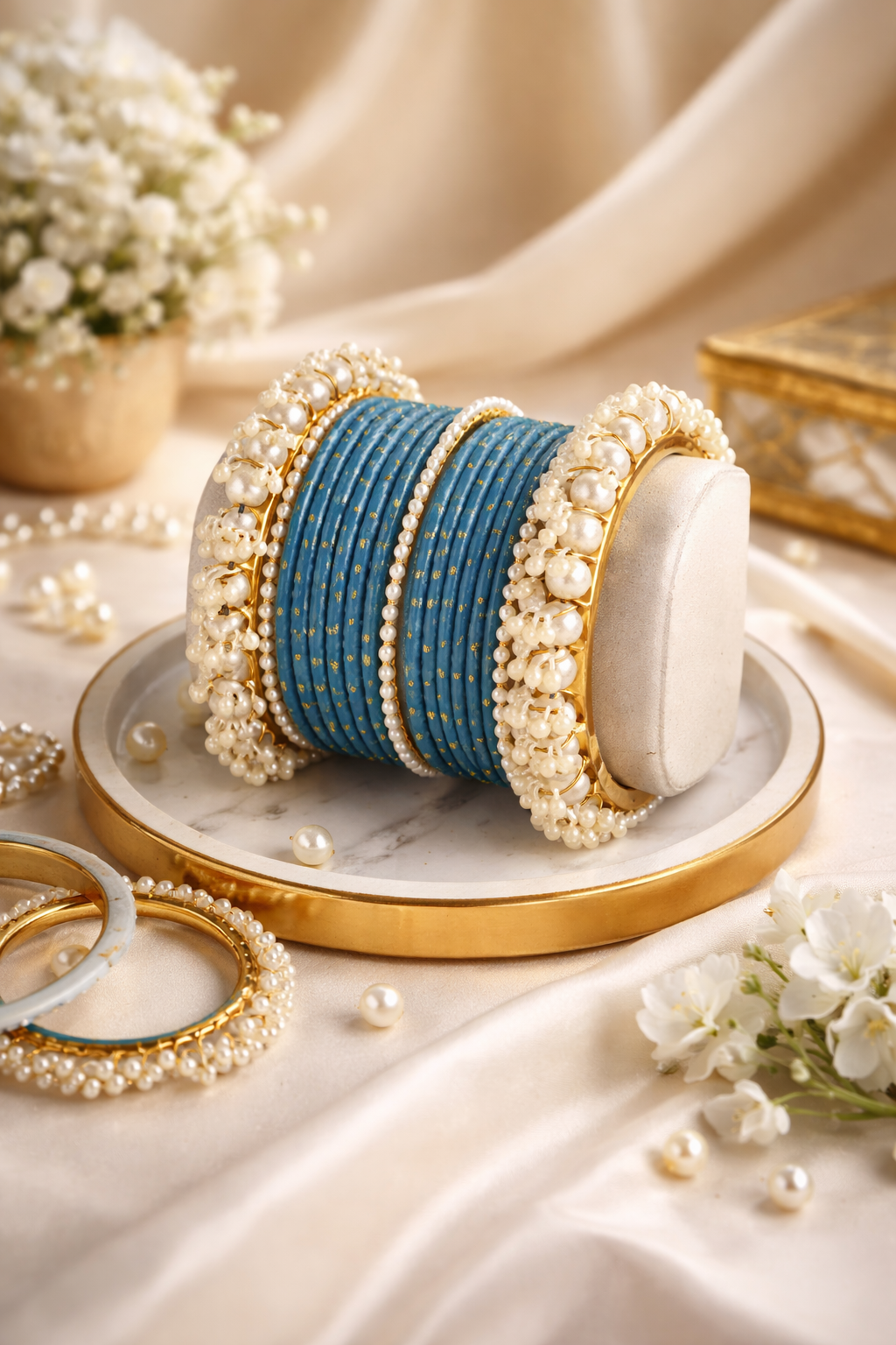 Best Selling Turquoise Blue Pearl Dotted Bangle Set
