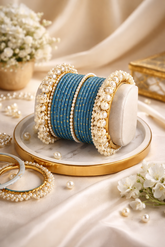 Best Selling Turquoise Blue Pearl Dotted Bangle Set