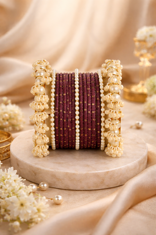 Best Selling Maroon Pearl Dotted Bangle Set