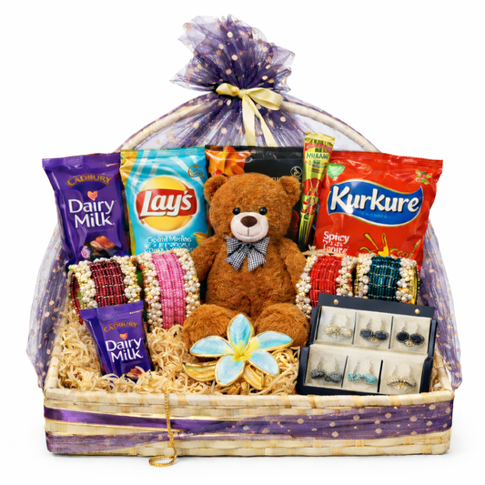 Luxury Eid Jewellery Gift Basket – 8 Jhumka Set Hamper with Chocolates & Teddy