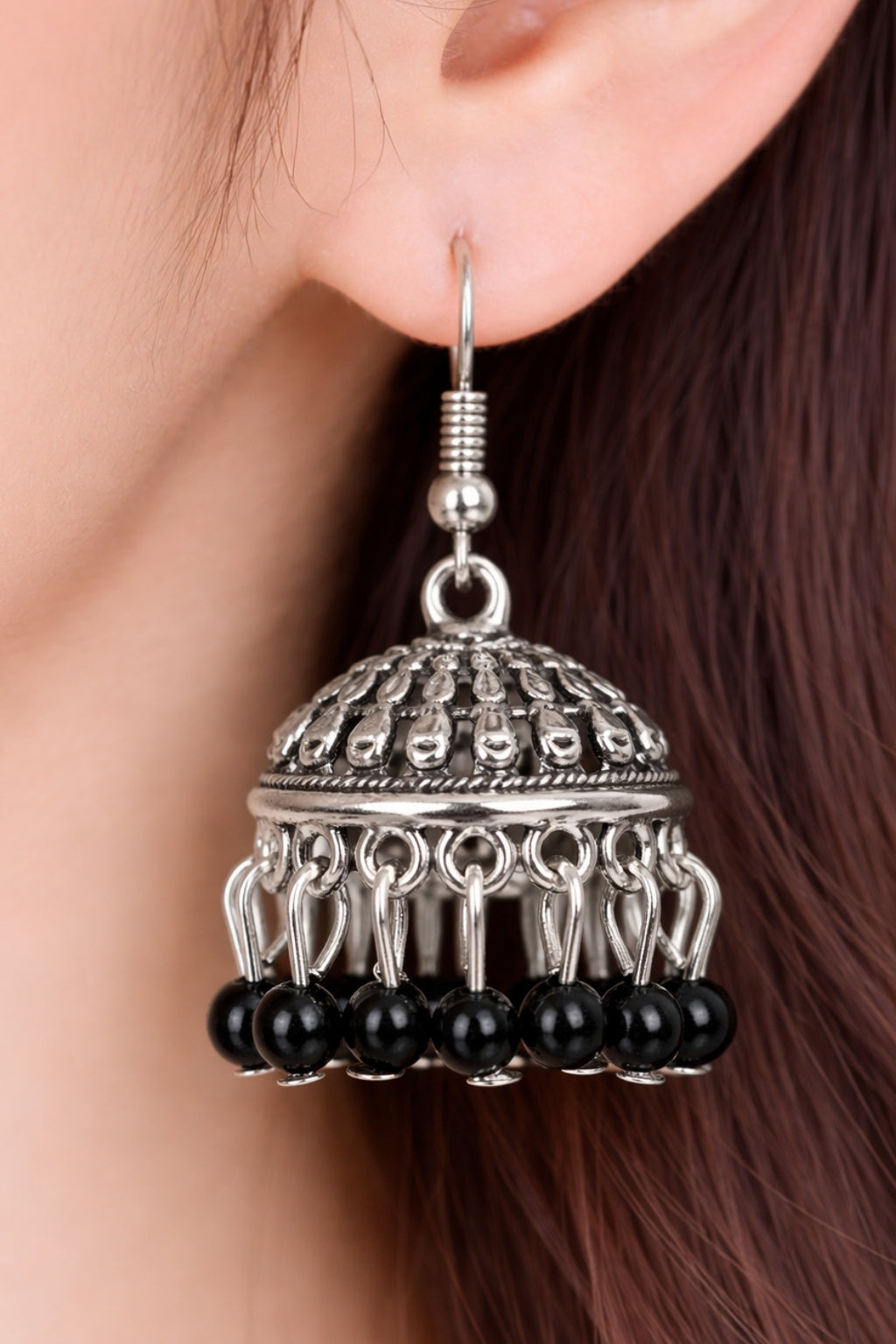 Chahat Black Bead Silver Jhumka Earrings