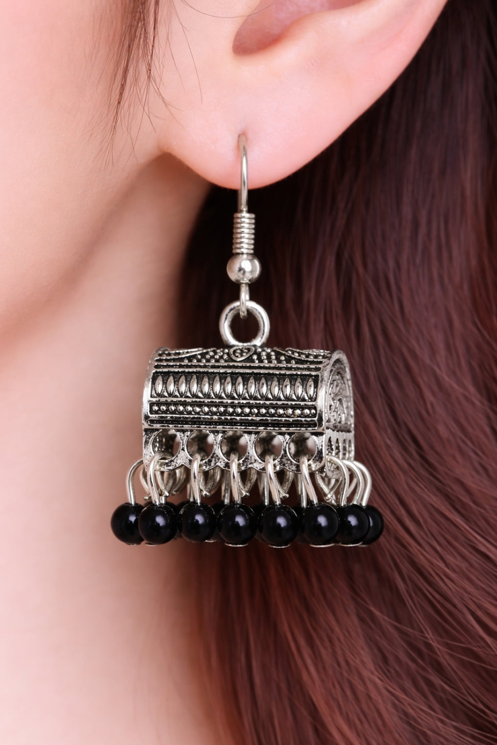 Shab e Moti Black Bead Silver Jhumka Earrings
