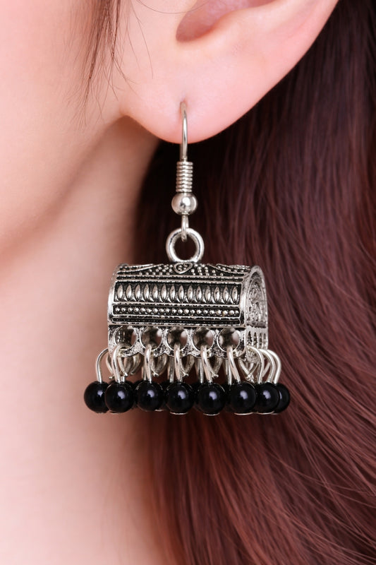 Shab e Moti Black Bead Silver Jhumka Earrings