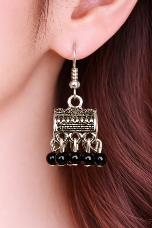 Shehzaadi Black Bead Silver Jhumka Earrings