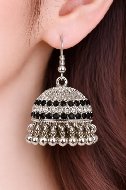 Muhabat Black & Crystal Silver Jhumka Earrings