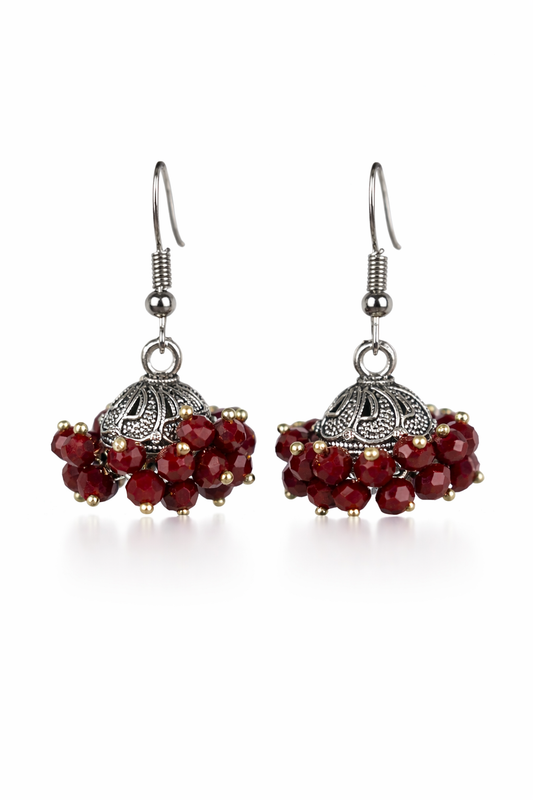 Laal Shehzadi Red Beaded Silver Jhumka Earrings