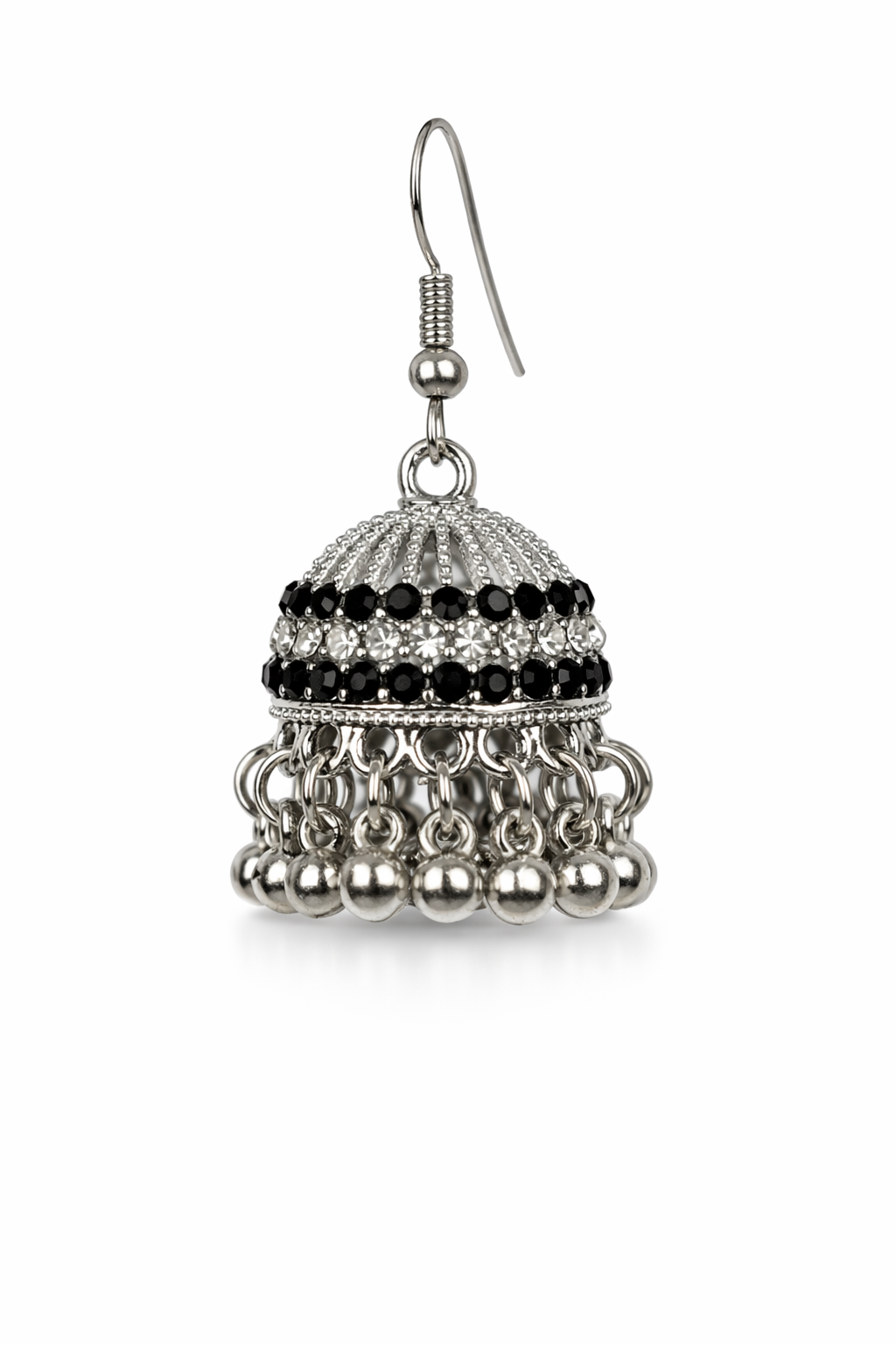 Muhabat Black & Crystal Silver Jhumka Earrings