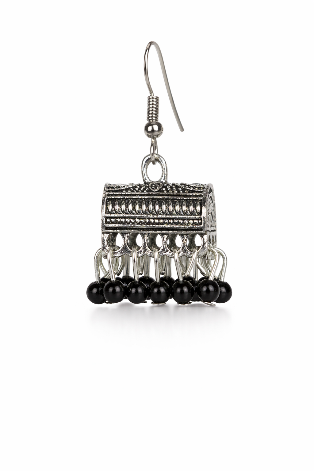 Shab e Moti Black Bead Silver Jhumka Earrings