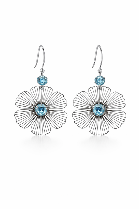 Silver Phool Crystal Floral Drop Earrings