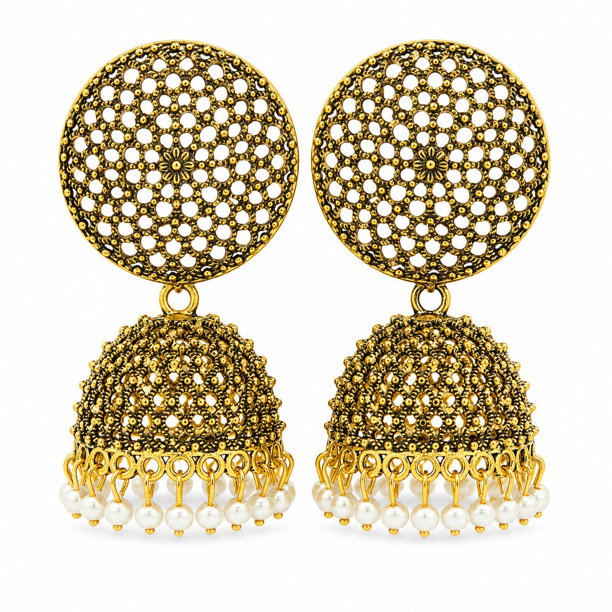 Gold Jhumka Filigree Pearl