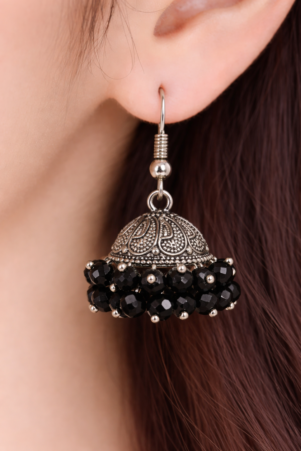 Chandni Black Beaded Silver Jhumka Earrings