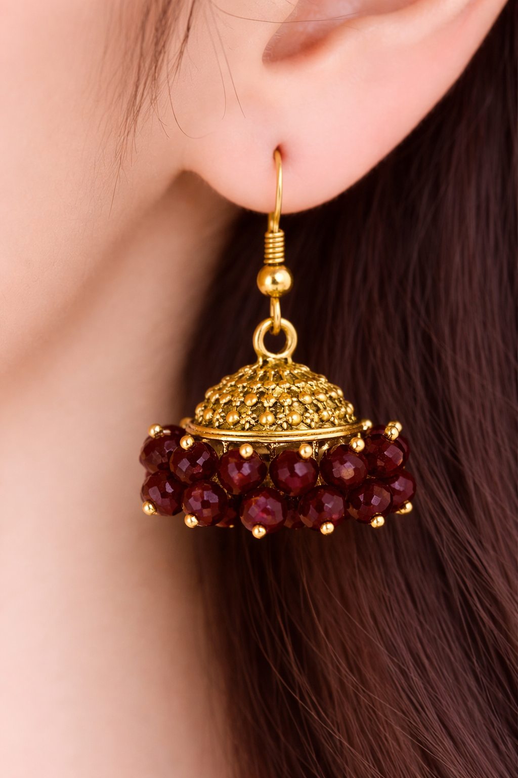 Zar-e-Mehroon Ruby Beaded Gold Jhumka Earrings