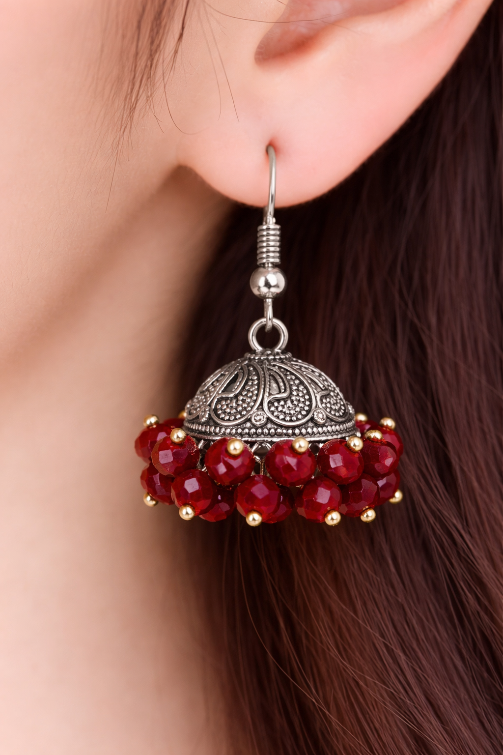 Laal Shehzadi Red Beaded Silver Jhumka Earrings